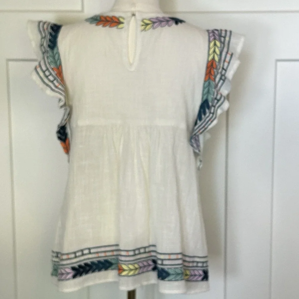 En Créme Embroidered Blouse - Women's LARGE- Flutter Sleeves Boho Cottagecore - Picture 5 of 9